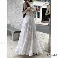 Lasaky - High-Waisted Patchwork Midi Skirt with Dramatic A-Line Design and Cake-like Long Skirt Flowy Dress Outfit, Short Wrap Skirt, Long Flowy Dress, Cake Dress, White Maxi Skirts, Dress Stretch, Womens Maxi Skirts, Dress Cake, Floor Length Gown