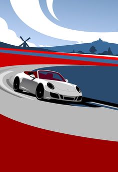 a white sports car driving down a winding road with windmills in the back ground