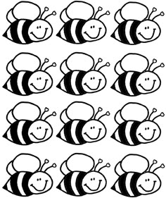 a set of black and white cartoon bees