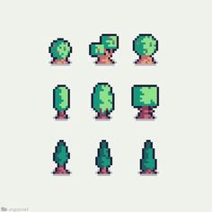 pixelated trees and bushes with different shapes