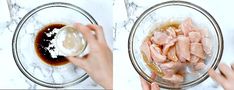 two pictures showing how to make chicken in a bowl with sauce and seasoning on the side