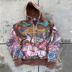 Ed Hardy Hoodie, Brown Rainbow, Vintage Ed Hardy, Cross Christian, Zip Up Sweatshirt, Christian Audigier, Hoodie Zip, Sweatshirt Crewneck