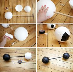 the process of painting an egg with acrylic paint on wood flooring is shown