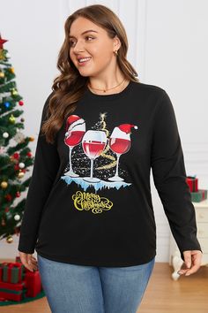 Black Simple Christmas Print V-Neck Long Sleeve Sweatshirt Black Long Sleeve Christmas T-shirt, Black Winter Holiday T-shirt, Winter Holiday Long Sleeve T-shirt, Black Long Sleeve Christmas Sweatshirt, Black Crew Neck Christmas T-shirt, Black Crew Neck Top For New Year, Casual Black Christmas Sweatshirt, Long Sleeve T-shirt For Winter Holiday, Black Holiday Top With Letter Print