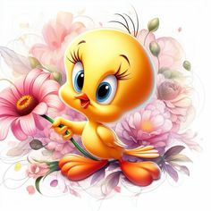 a yellow bird with big blue eyes holding a pink flower