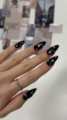 Nail Inspiration ; Opens a new tab Black and Silver star nails with gems / crystal / diamond Punk Rock Acrylic Nails, Goth Almond Nails, Rockstar Girlfriend Nails, Black Bling Acrylic Nails, Silver Star Nails, Punk Rock Nails, Txt Nails, Nail Design Gold, Black Silver Nails