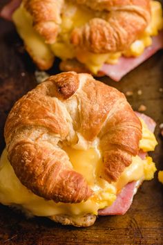 ham and cheese breakfast sandwiches on croissants