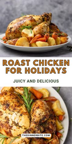 roast chicken for holidays with potatoes and carrots in the foreground, and an image of