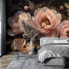 a bedroom with large flowers on the wall