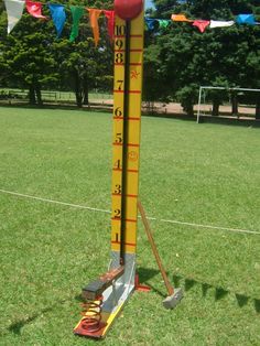 a tall wooden pole with a measuring tape on it in the middle of a field