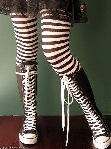 high tops Knee High Converse, High Converse, How To Lace Converse, Striped Stockings, Catty Noir, Striped Tights, Emo Outfits, Prom Shoes, Trendy Sneakers