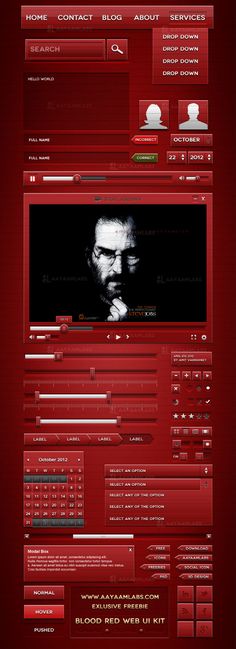 a red web page with the image of a man's face and other images on it