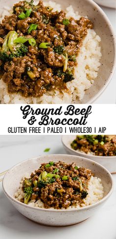 two pictures of ground beef and broccoli on top of rice in white bowls