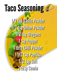 the taco seasoning list is shown in this graphic style, with instructions for how to use it