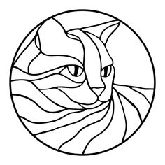 a black and white drawing of a cat's face in a circular frame with wavy lines