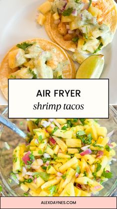 air fryer shrimp tacos with avocado salsa on the side and text overlay that says air fryer shrimp tacos