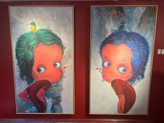 two paintings of children with green hair and blue eyes