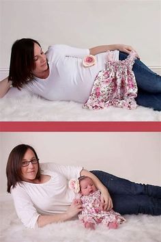 two photos of a woman holding a baby in her arms and laying on the floor