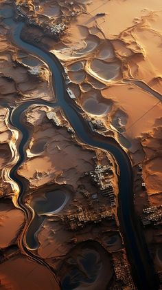 an aerial view of a river running through the desert