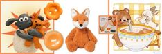 stuffed animals and toys are featured in this postcard collage with oranges, blueberries, and donuts