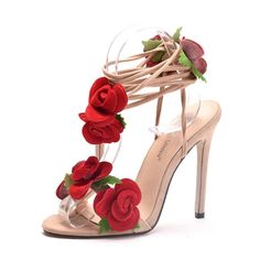 Satin Rose Design High Heel Strappy Wedding Shoes Details: Heel Height: Super High (8cm-up) With Platforms: No Sandal Type: Cross-Strap Occasion: Party Upper Material: Faux Suede Outsole Material: RUBBER Back Counter Type: Ankle Strap Pattern Type: Solid Side Vamp Type: Open Fit: Fits true to size, take your normal size Style: fashion Age: Adult Gender: Female Heel Type: Thin Heels Lining Material: PU Closure Type: Lace-up Model Number: rose hold heels Item Type: sandals Fashion Element: Flower Strappy Wedding Shoes, Elegant Summer Outfits, Elegant Sandals, Elegant Heels, Red Rose Flower, Summer Heels, Satin Roses, Super High Heels, Wedding Sandals