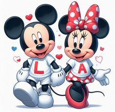 two mickey and minnie mouses are standing next to each other with hearts in the background