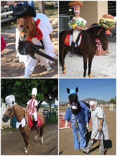 four pictures of people in costumes on horses, one with a horse costume and the other wearing