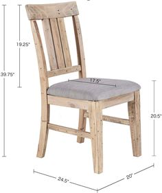 a wooden chair with a gray seat and measurements for the back side, shown in front of a white background