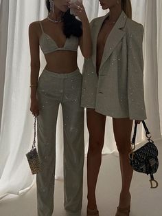 Stile Kendall Jenner, Socialite Style, Chique Outfits, Two Piece Pants Set, Party Suits, Sequin Jacket, High Waist Pants, Straight Trousers