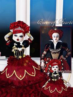 two dolls dressed up in red and black