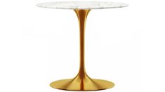 a white marble top table with gold metal legs and a round base, on a white background