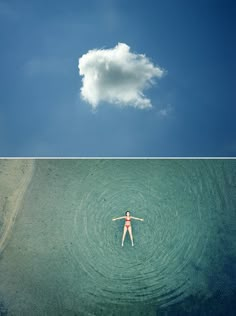 two pictures one with a woman floating in the water and another with a cloud above her head