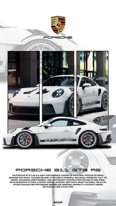 the porsche sports car is shown in three different photos, one white and one black