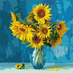 a painting of sunflowers in a vase on a table