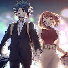 two anime characters holding hands and smiling