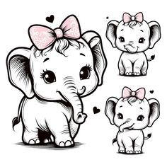 two baby elephants with pink bows and hearts