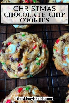 chocolate chip cookies with marshmallows and candy canes on a cooling rack