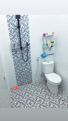 a white toilet sitting inside of a bathroom next to a shower head mounted on a wall