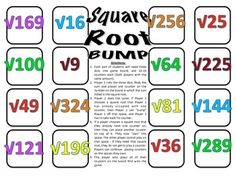 the square root bump game is shown with numbers and letters in different colors on it