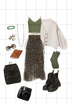 Flat lay, forest green, ootd, doc martens, mat n nat, nature aesthetic, boho feel, vibes, flatlay outfits. Soft Fall Aesthetic Outfits, Forest Outfits Aesthetic, Botanical Aesthetic Outfit, Mushroom Core Aesthetic Outfits, Earthy Witchy Outfits, Forest Green Outfit Aesthetic, Forest Inspired Outfit, Green Doc Martens Outfit, Green Witch Outfit Aesthetic