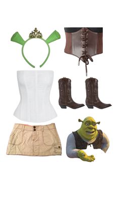 a woman's outfit and accessories including boots, belted top, shorts, headband