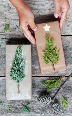 someone is wrapping christmas presents in brown paper with pine cones and evergreen branches on them