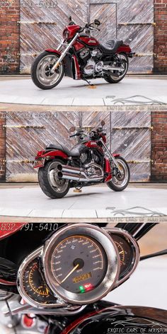 three different views of a red motorcycle parked in front of a building with brick walls