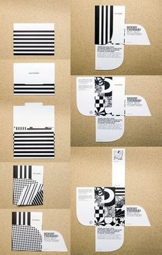 several pieces of paper with black and white designs on them, all folded up in different directions