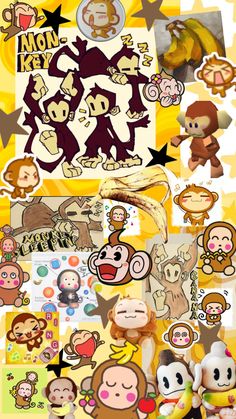 many different stickers are arranged on a yellow and white background, including monkey faces