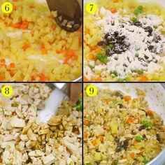 four pictures showing how to make rice and vegetables