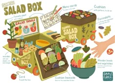 an illustrated box containing salads, vegetables and other items to make it look like they are