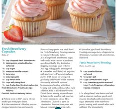 a recipe for fresh strawberry cupcakes with frosting and strawberries on top