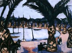 a painting of people walking on the beach with palm trees and water in the background