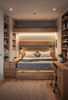 a bed sitting in the middle of a bedroom next to a desk and bookshelf